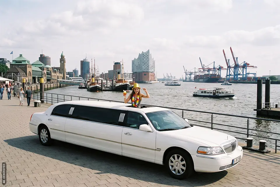 Mit der weißen Stretch-Limousine durch Hamburg zur Bootsparty